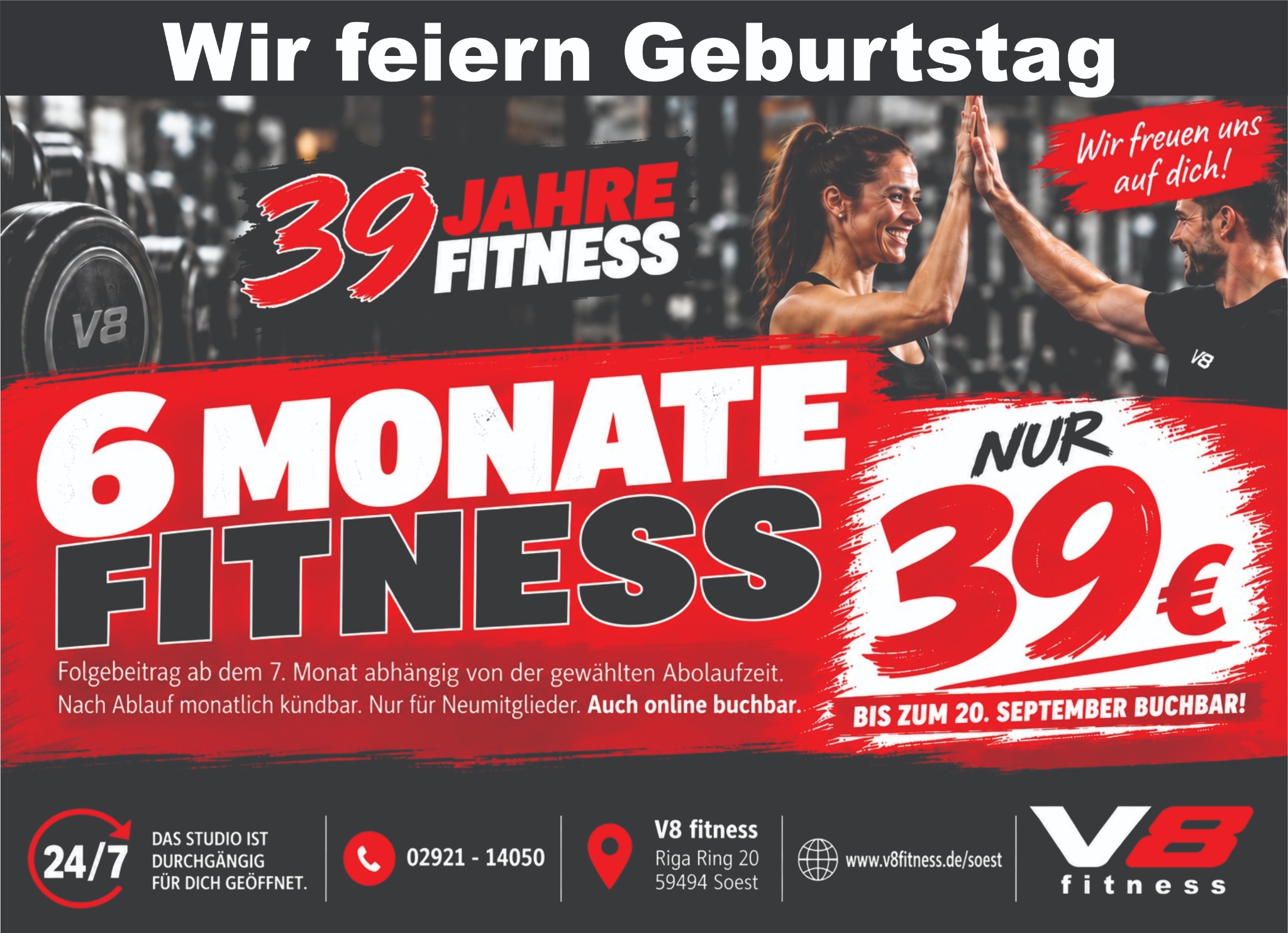 39 Jahre v8 fitness: 6 Monate Fitness für 39 Euro, verlängert bis zum 30. September 2026